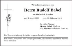 Traueranzeige Rudolf Babel