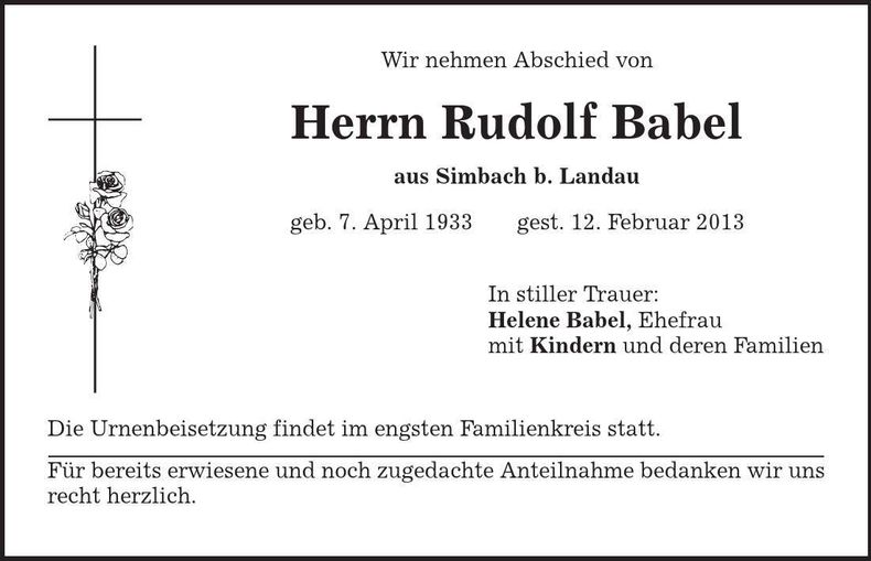 Traueranzeige Rudolf Babel