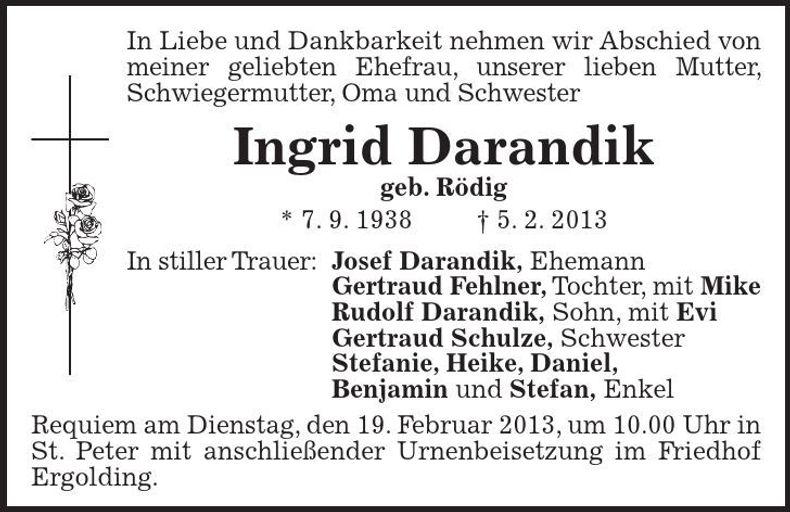 Traueranzeige Ingrid Darandik