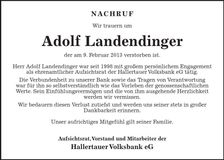 Traueranzeige Adolf Landendinger