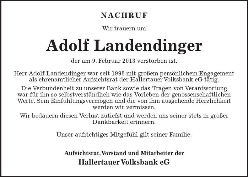 Traueranzeige Adolf Landendinger