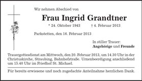 Traueranzeige Ingrid Grandtner