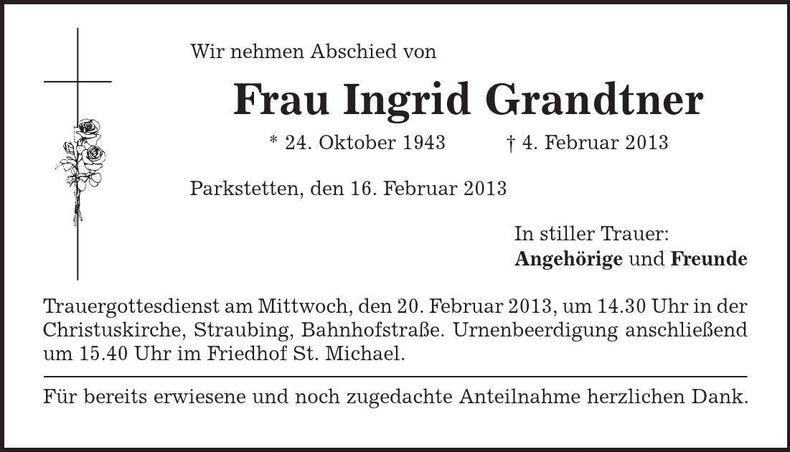 Traueranzeige Ingrid Grandtner