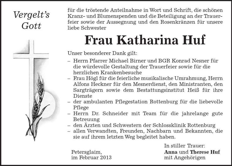 Traueranzeige Katharina Huf
