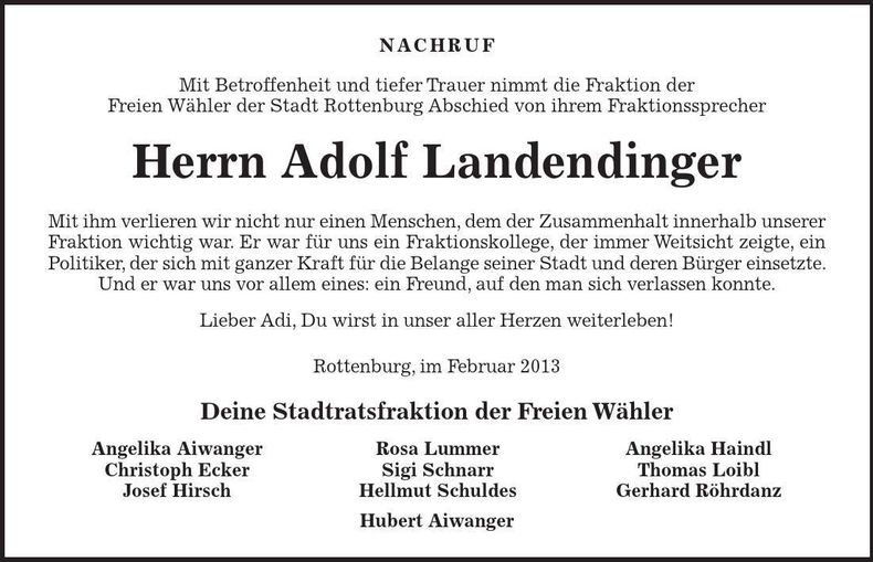 Traueranzeige Adolf Landendinger