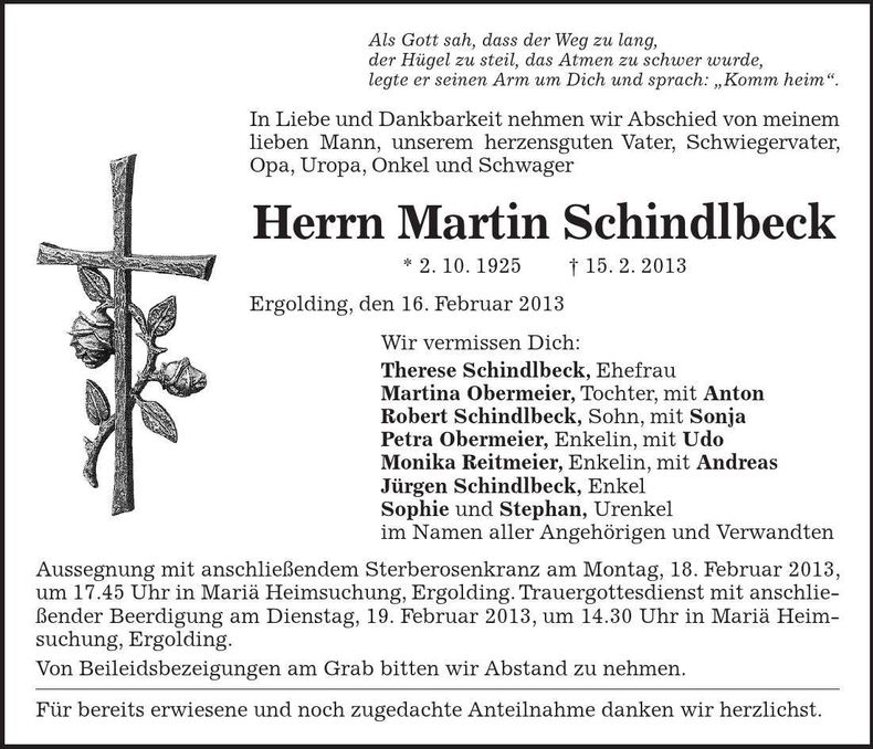 Traueranzeige Martin Schindlbeck