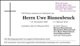 Traueranzeige Uwe Binnenbruck