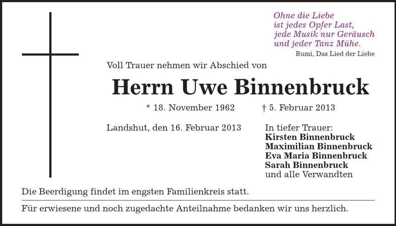 Traueranzeige Uwe Binnenbruck