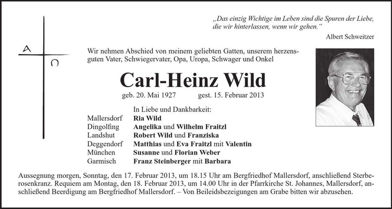 Traueranzeige Carl-Heinz Wild