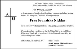 Traueranzeige Franziska Nicklas