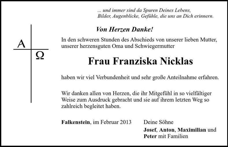 Traueranzeige Franziska Nicklas