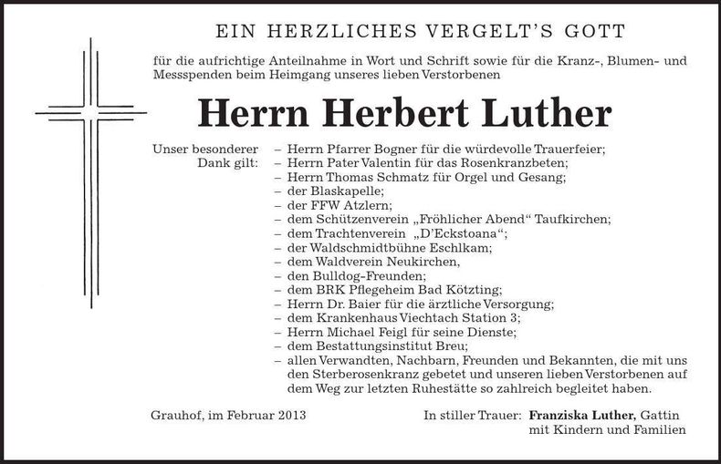 Traueranzeige Herbert Luther