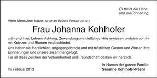 Traueranzeige Johanna Kohlhofer