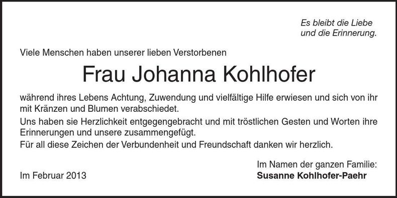 Traueranzeige Johanna Kohlhofer