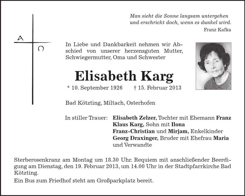 Traueranzeige Elisabeth Karg