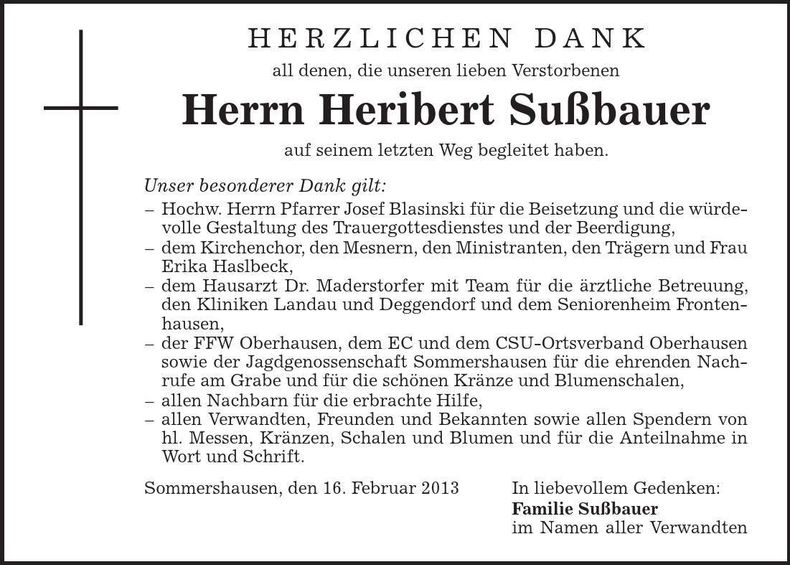 Traueranzeige Heribert Sußbauer