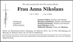 Traueranzeige Anna Nikolaus