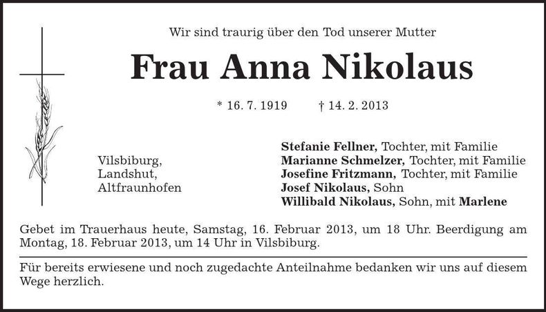 Traueranzeige Anna Nikolaus