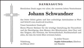 Traueranzeige Johann Schwandner