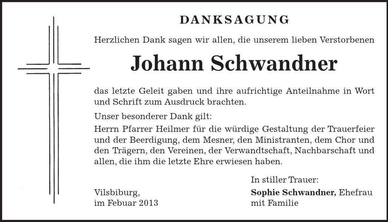 Traueranzeige Johann Schwandner