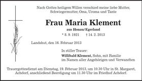 Traueranzeige Maria Klement
