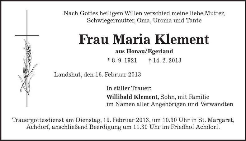 Traueranzeige Maria Klement