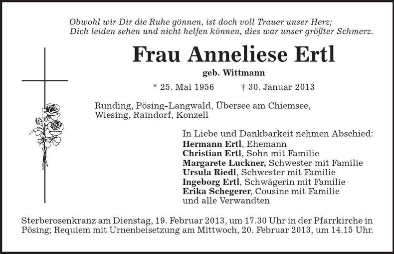 Traueranzeige Anneliese Ertl