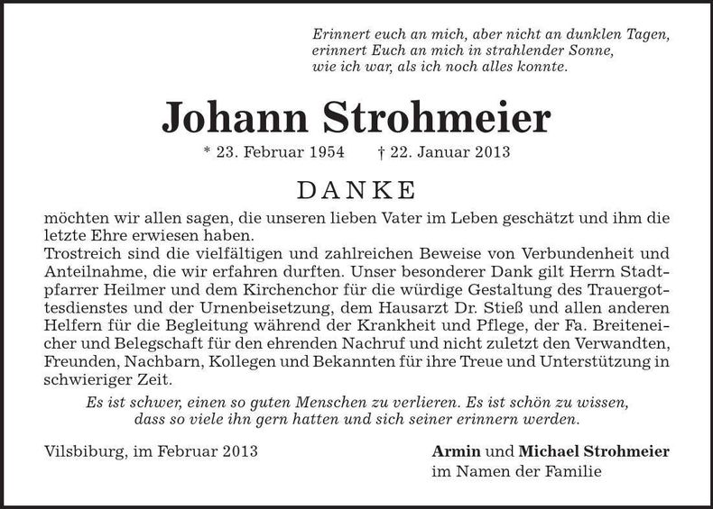Traueranzeige Hohann Strohmeier