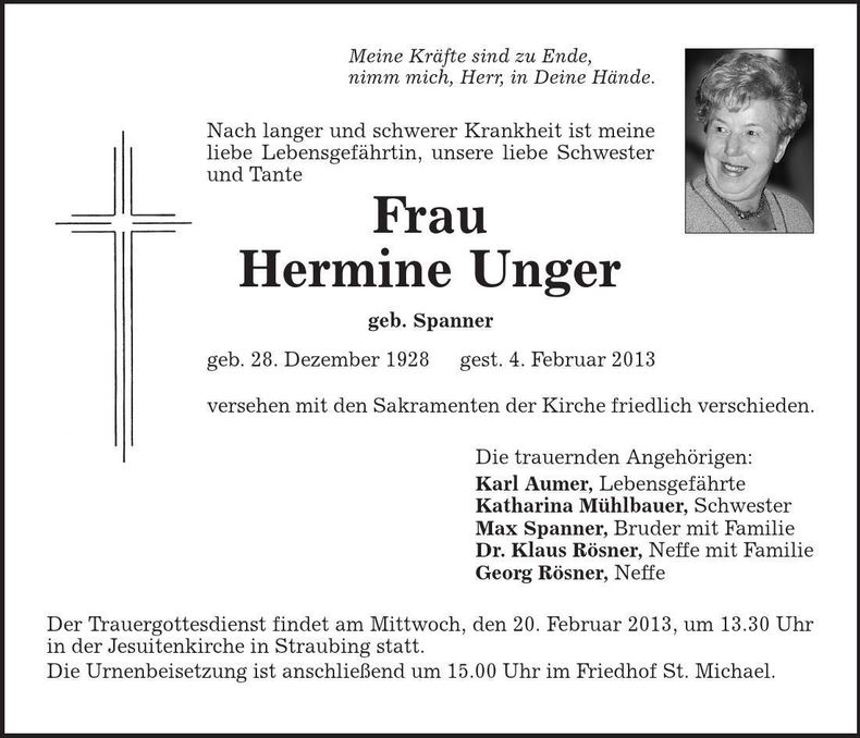 Traueranzeige Hermine Unger
