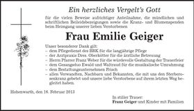 Traueranzeige Emilie Geiger