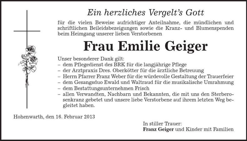 Traueranzeige Emilie Geiger