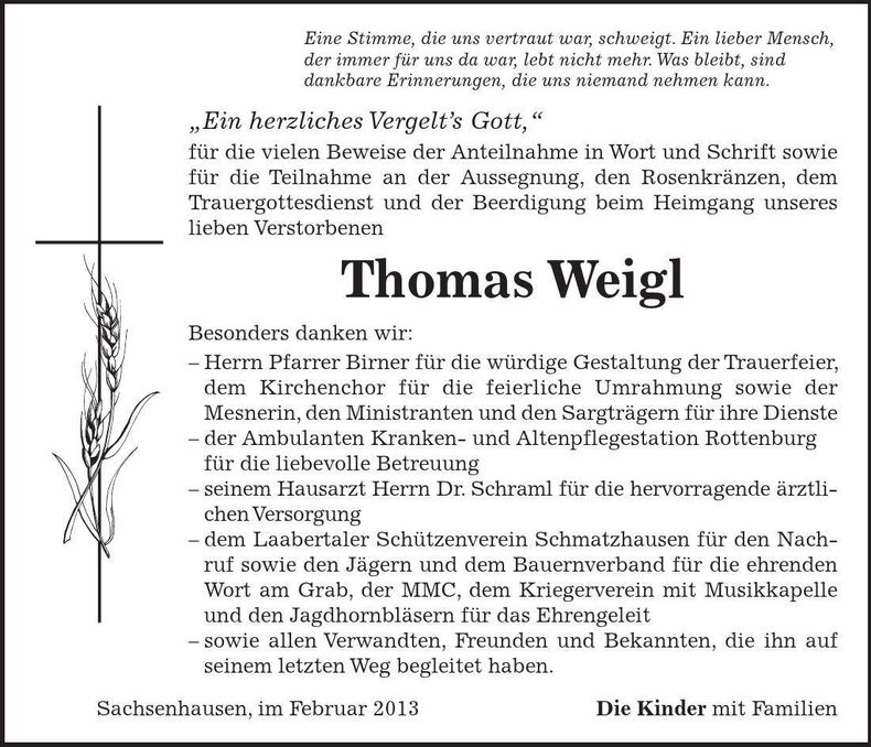 Traueranzeige Thomas Weigl