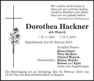 Traueranzeige Dorothea Hackner