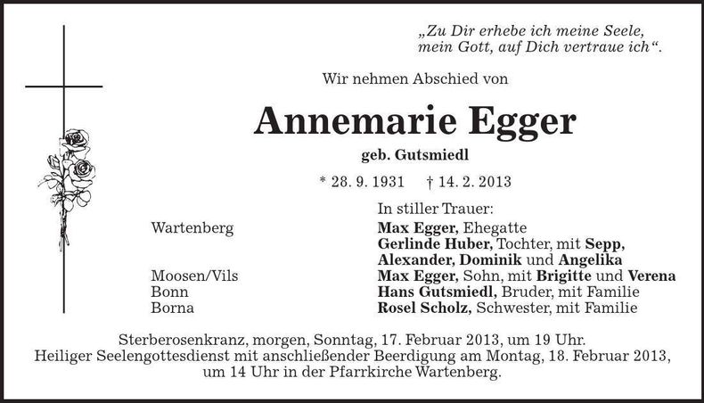 Traueranzeige Annemarie Egger
