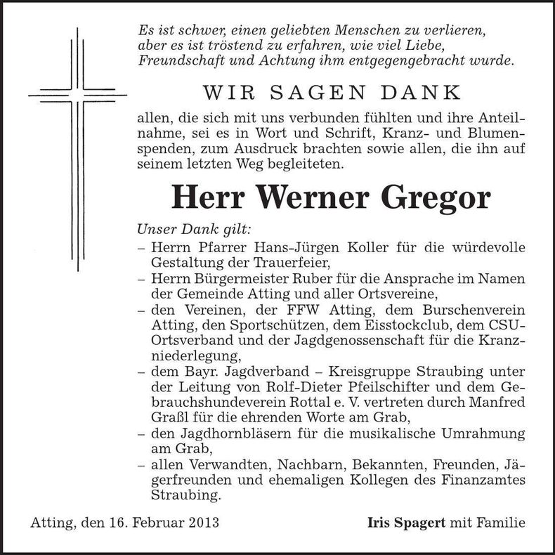 Traueranzeige Werner Gregor