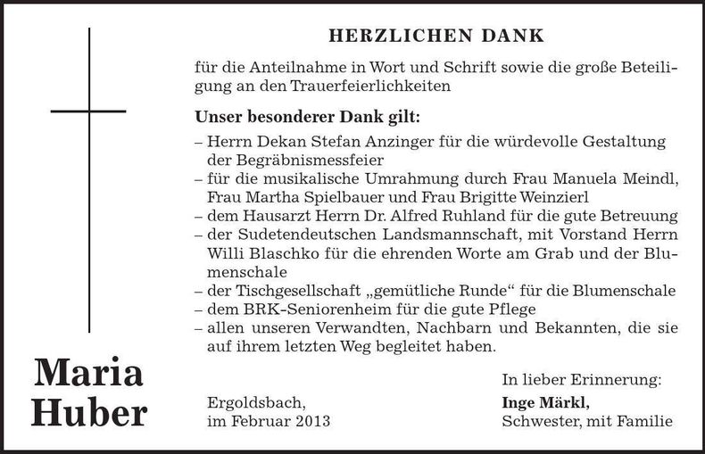 Traueranzeige Maria Huber