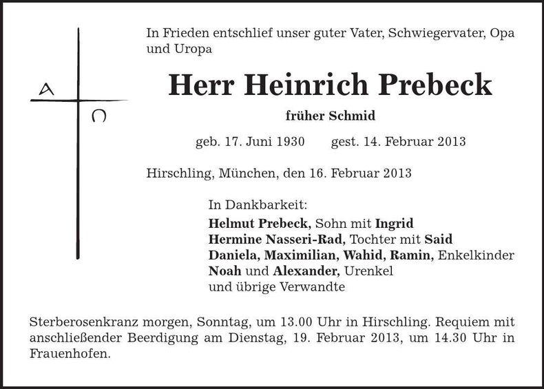 Traueranzeige Heinrich Prebeck
