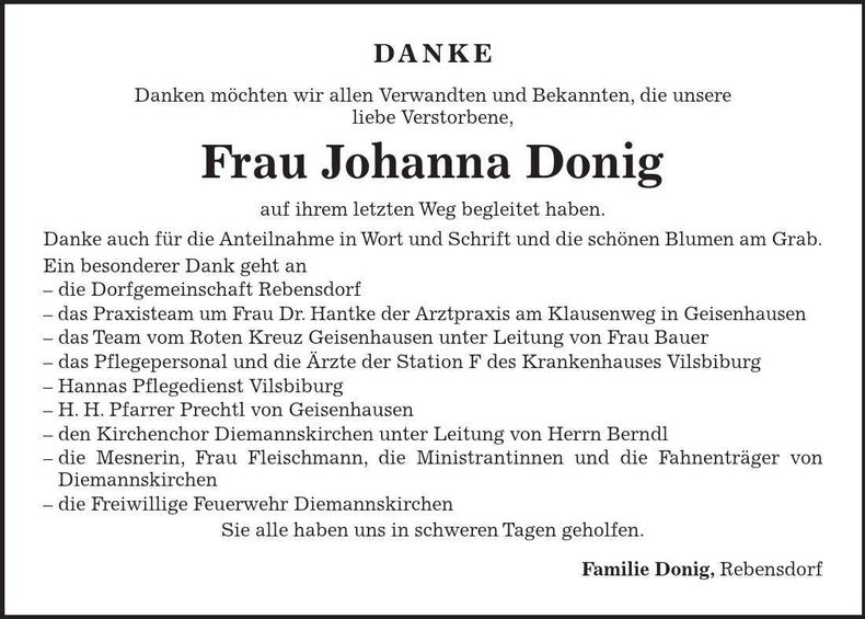 Traueranzeige Johanna Donig