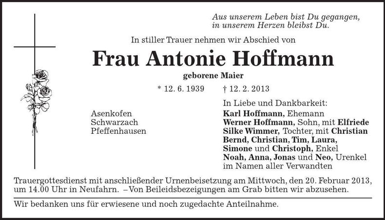 Traueranzeige Antonie Hoffmann