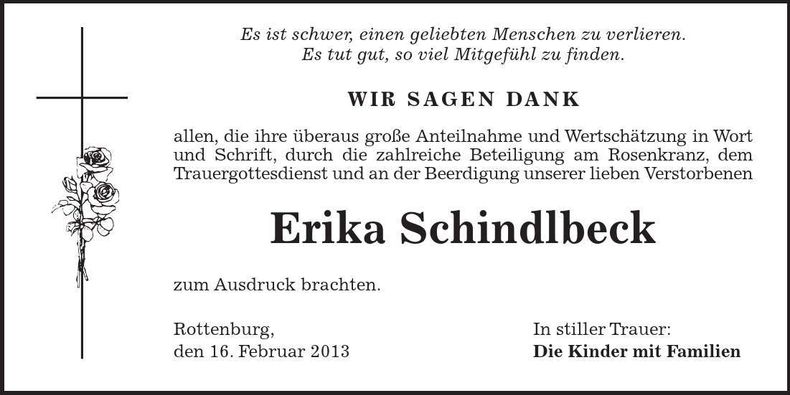 Traueranzeige Erika Schindlbeck