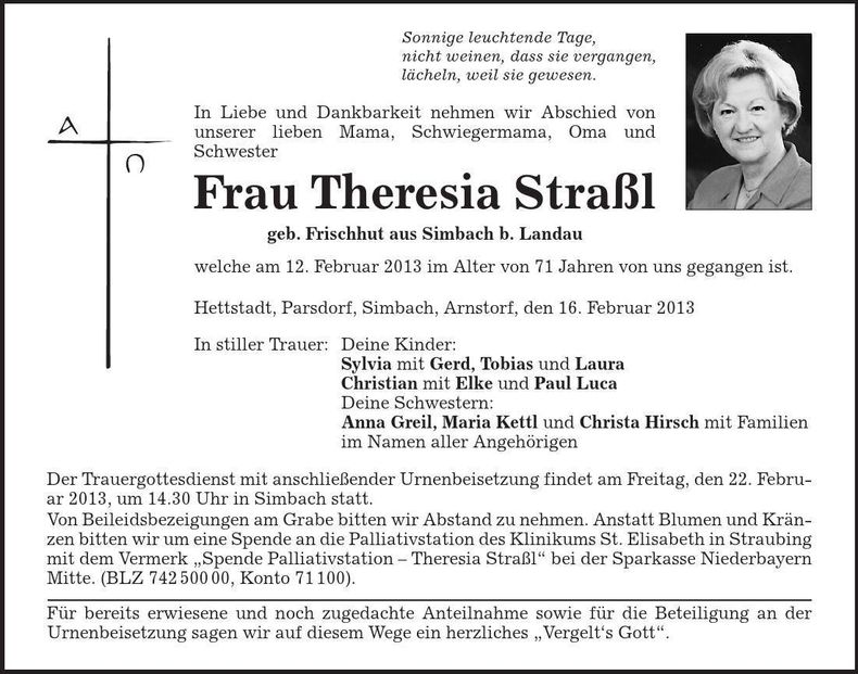 Traueranzeige Theresia Straßl