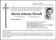 Traueranzeige Johann Piendl