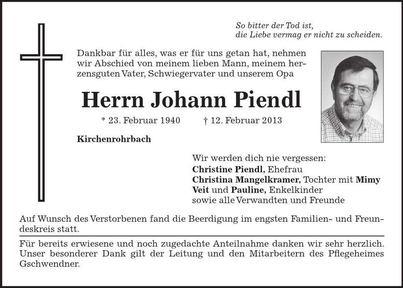 Traueranzeige Johann Piendl