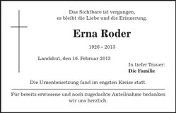 Traueranzeige Erna Roder