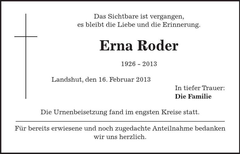 Traueranzeige Erna Roder
