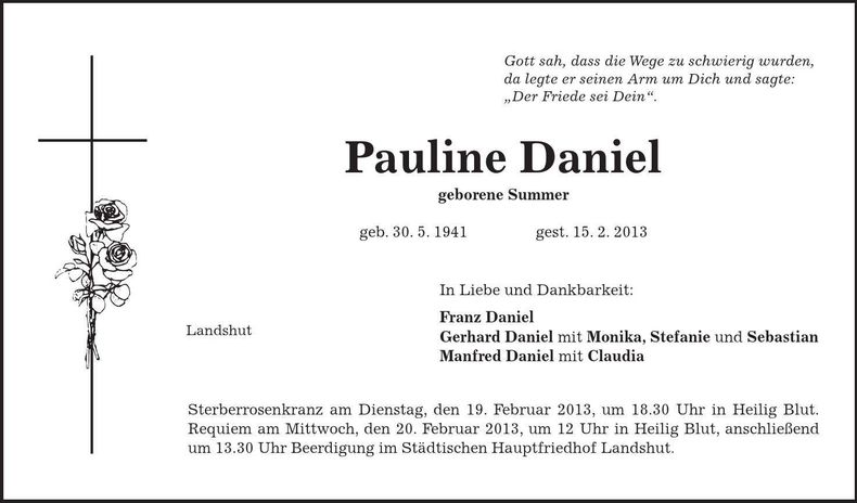 Traueranzeige Pauline Daniel