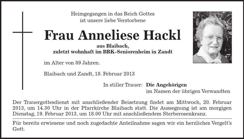 Traueranzeige Anneliese Hackl