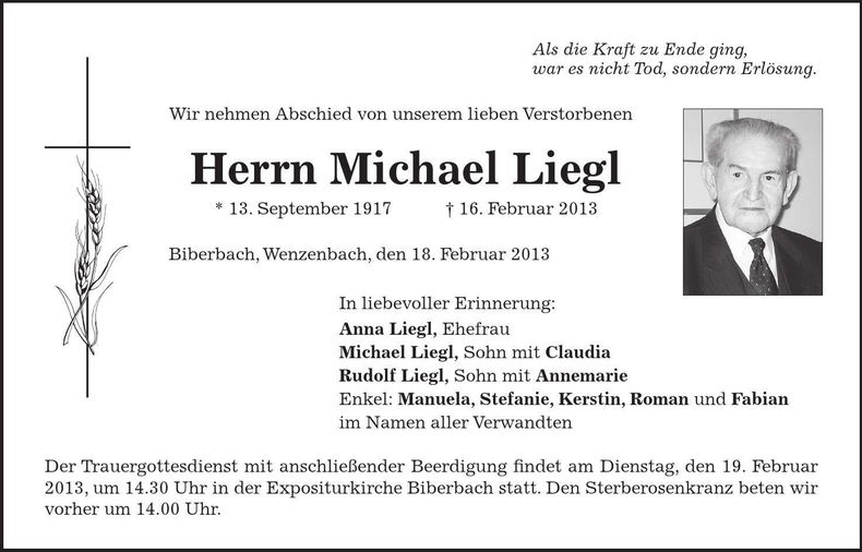 Traueranzeige Michael Liegl