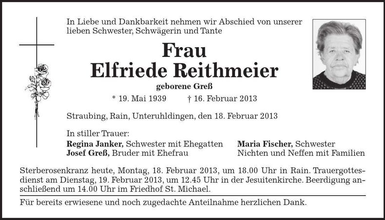 Traueranzeige Elfriede Reithmeier