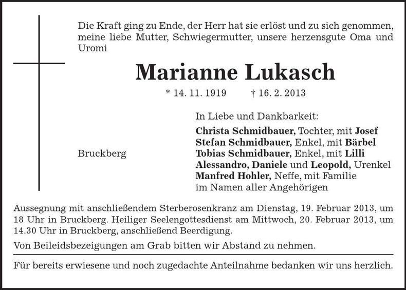 Traueranzeige Marianne Lukasch